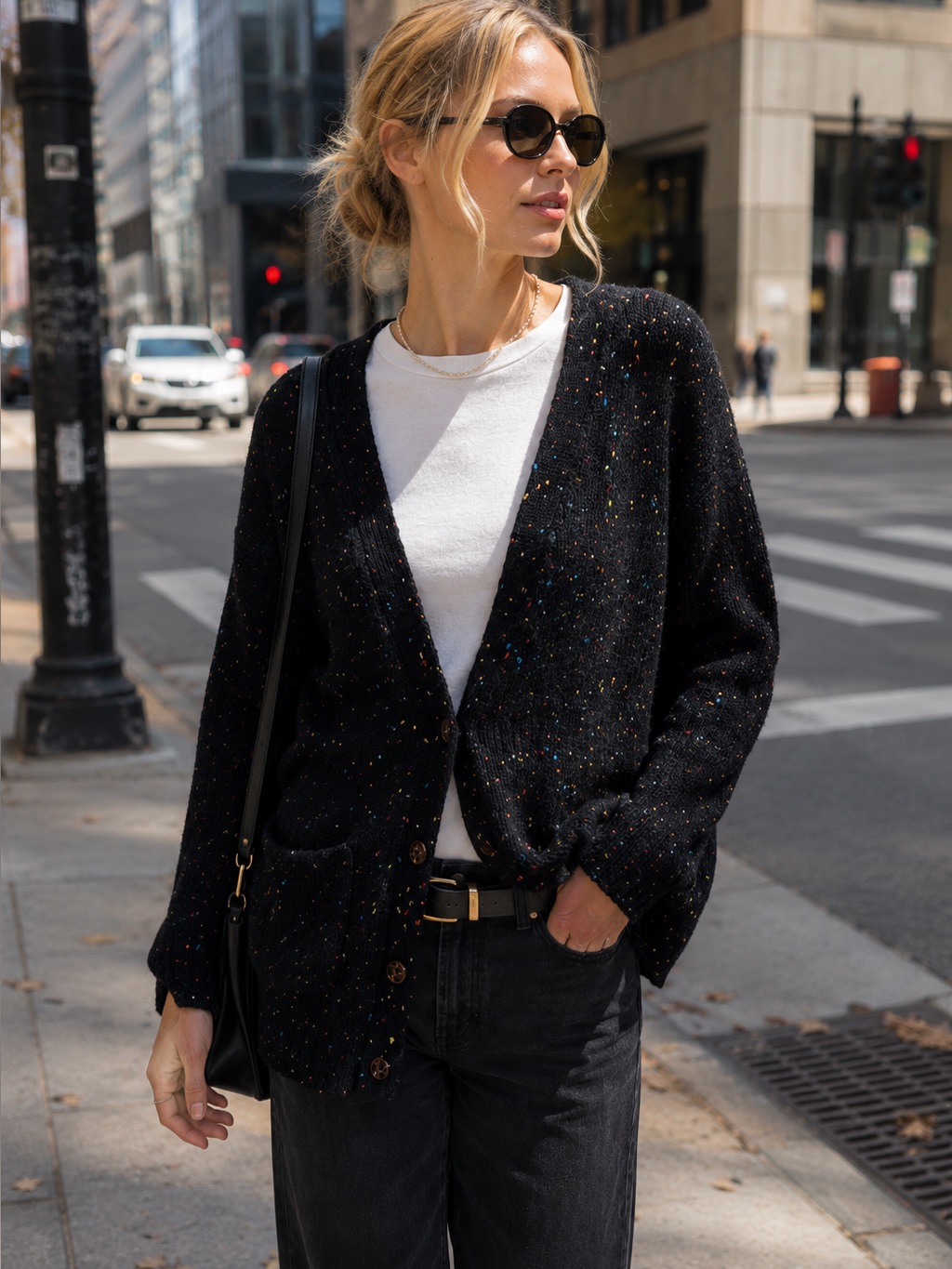 Rails Runi Black Confetti Wool Blend Flecked Luxury Oversized Cardigan, Xs